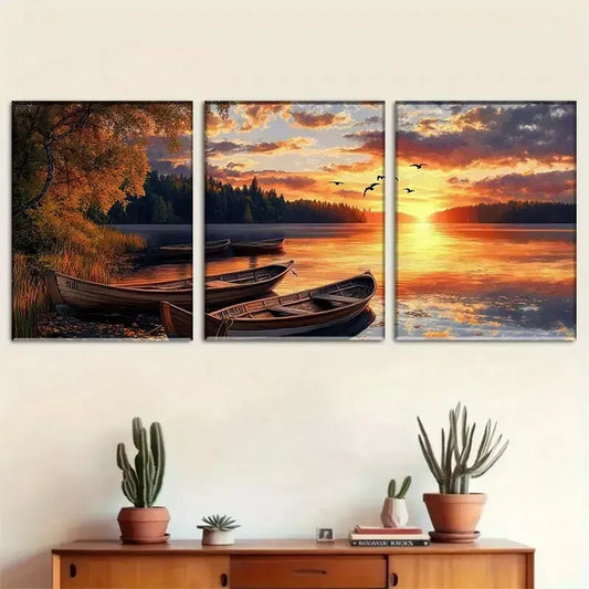 3pcss beautiful Serene Lakeside Sunset Nature Wall Art Set Canvas Framed 40x60cm - High Quality Print 100% Australian Made Wall Canvas Ready to Hang