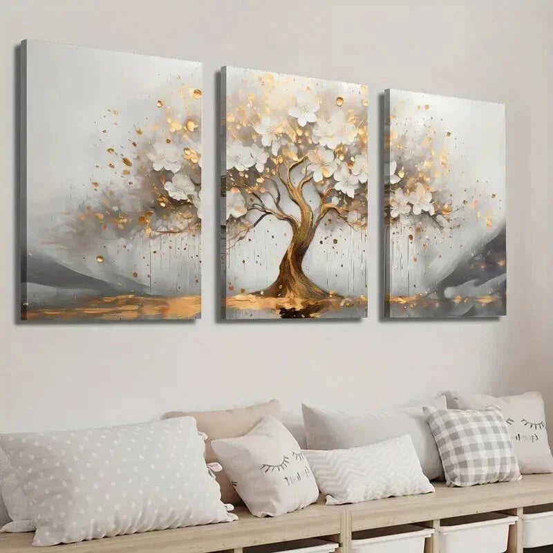 3pcs Abstract Golden Tree with White Flowers Wall Art Set Canvas Framed 40x60cm - High Quality Print 100% Australian Made Wall Canvas Ready to Hang