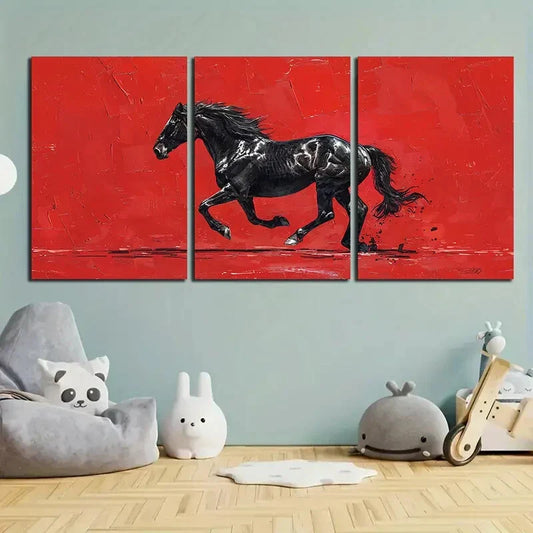 3pcs Black Running Horse Red & Black Metal Print Ready to Hang Art