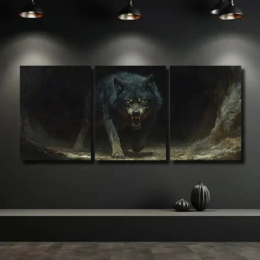 3pcs Glowing Yellow Eyes Wolf Mural Wall Art Set Canvas Framed 40x60cm - High Quality Print 100% Australian Made Wall Canvas Ready to Hang