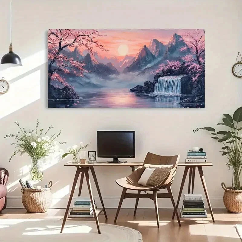 Waterfall & Pink Blossom Lands Wall Art Canvas Office Home Room Framed 80x45cm