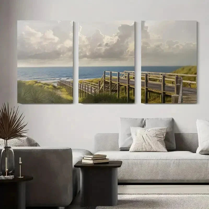 3pcs Beach Boardwalk with Ocean Metal Print Ready to Hang Art