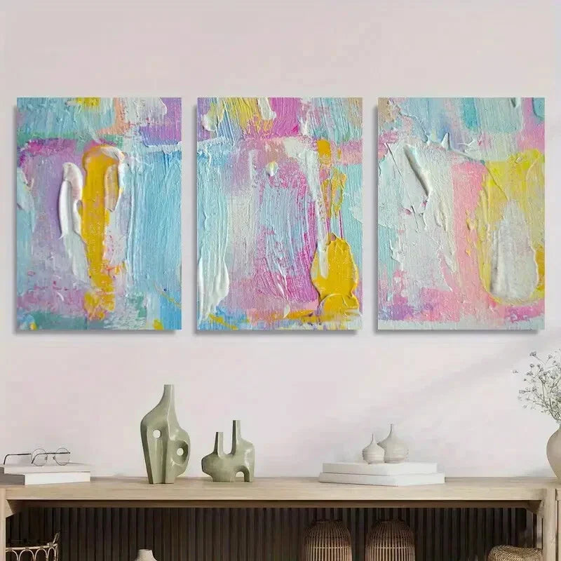 3pcs Soft Pink, Yellow, and Blue Textured Design Metal Print Ready to Hang Art