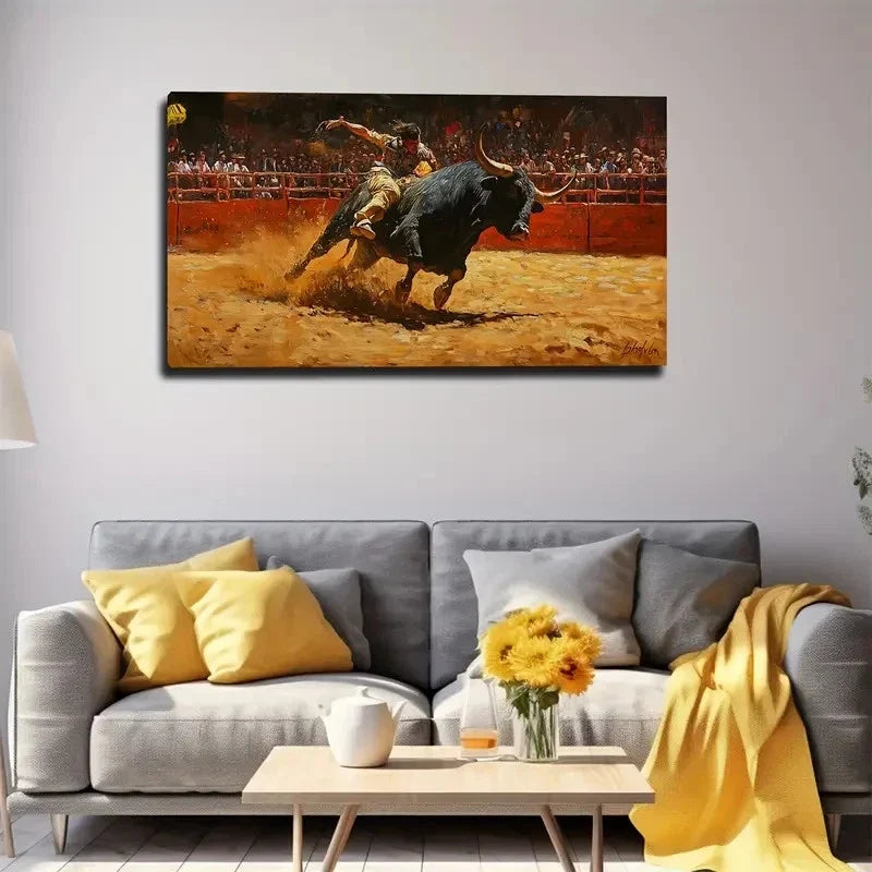 Vibrant Spanish Matador Scene Wall Art Canvas Office Home Room Framed 80x45cm