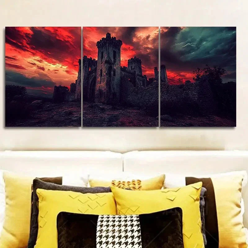 3pcs Dilapidated Castle Against a Crimson Sky Metal Print Ready to Hang Art