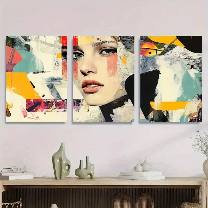 3pcs Colorful Geometric Shapes with Female Face Metal Print Ready to Hang Art