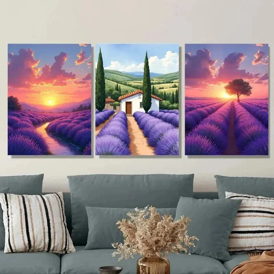 3pcs Beautiful Lavender Field Sunset House Wall Art Set Canvas Framed 40x60cm - High Quality Print 100% Australian Made Wall Canvas Ready to Hang