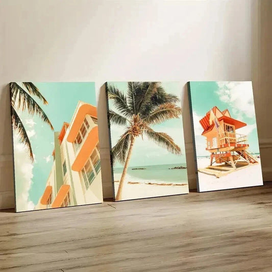 3pcs Miami Beach Palm Trees & Lifeguard Tower Wall Art Set Canvas Framed 40x60cm - High Quality Print 100% Australian Made Wall Canvas Ready to Hang
