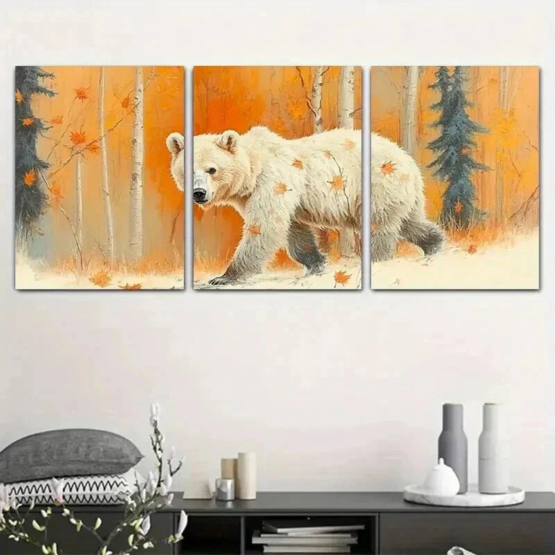 3pcs Bear in a Autumn Falling Leaves Forest Wall Art Set Canvas Framed 40x60cm - High Quality Print 100% Australian Made Wall Canvas Ready to Hang