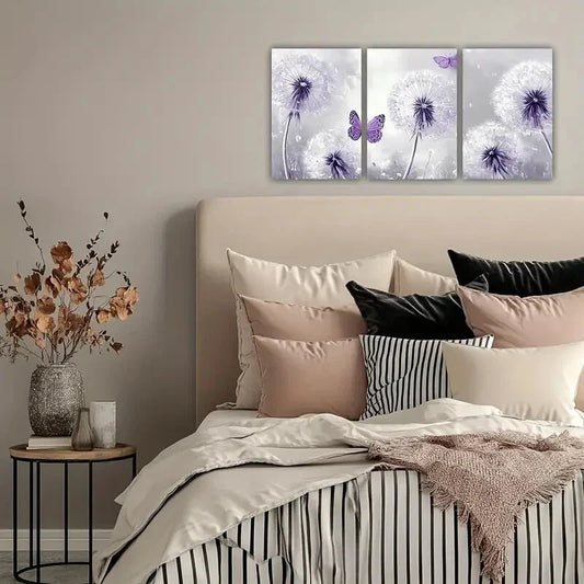 3pcs Purple Flower & Butterfly Abstract Metal Print Ready to Hang Art