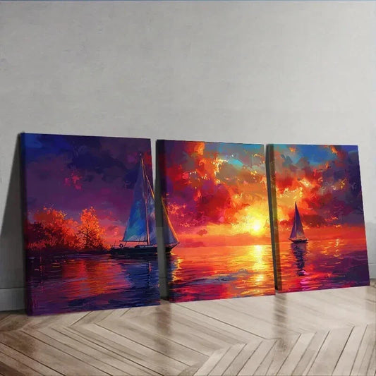 3pcs Little White Boats on Ocean at Sunset Wall Art Set Canvas Framed 40x60cm - High Quality Print 100% Australian Made Wall Canvas Ready to Hang