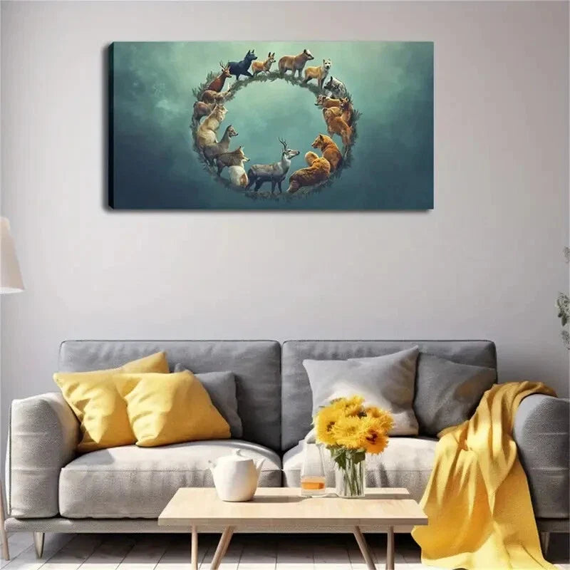 Animals In A Circle Decoration Wall Art Canvas Office Home Room Framed 80x45cm