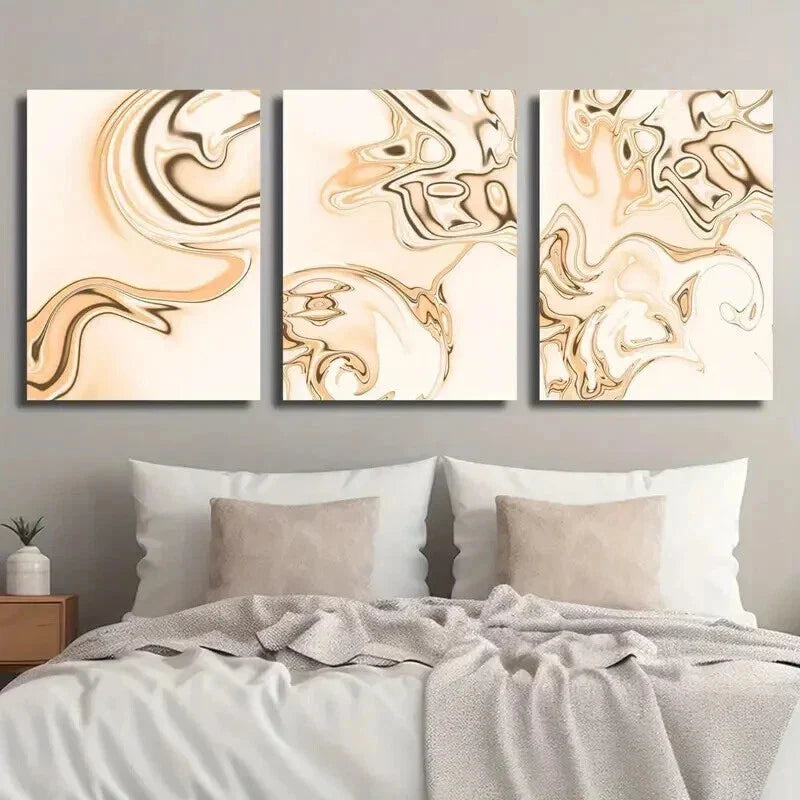 3pcs Abstract Beige Background Golden Waves Wall Art Set Canvas Framed 40x60cm - High Quality Print 100% Australian Made Wall Canvas Ready to Hang