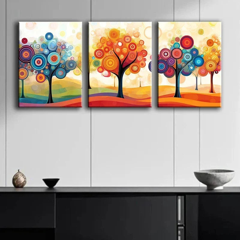 3pcs Vibrant Abstract Tree Colorful Circular Metal Print Ready to Hang Art