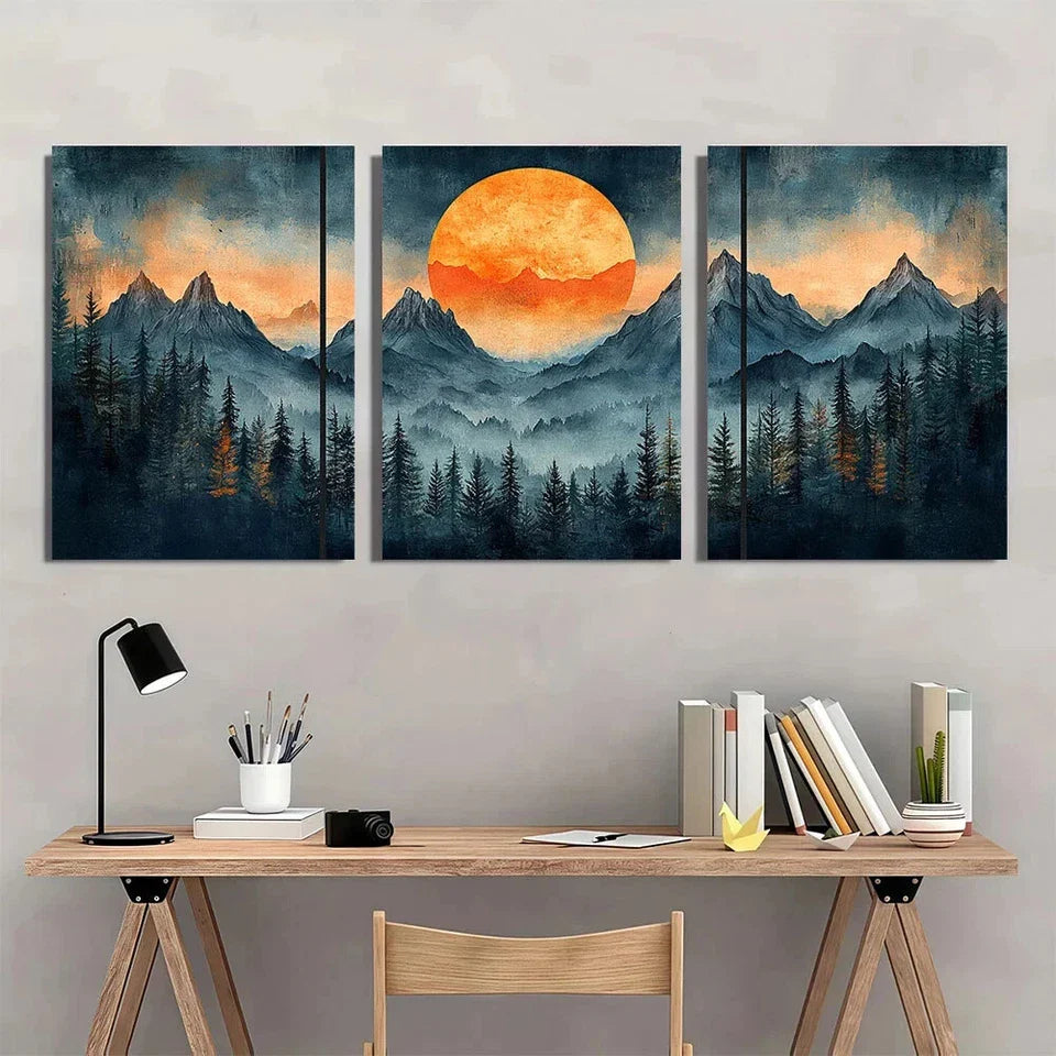3pcs Boho Mountain Forest Sunset & Pine Trees Metal Print Ready to Hang Art
