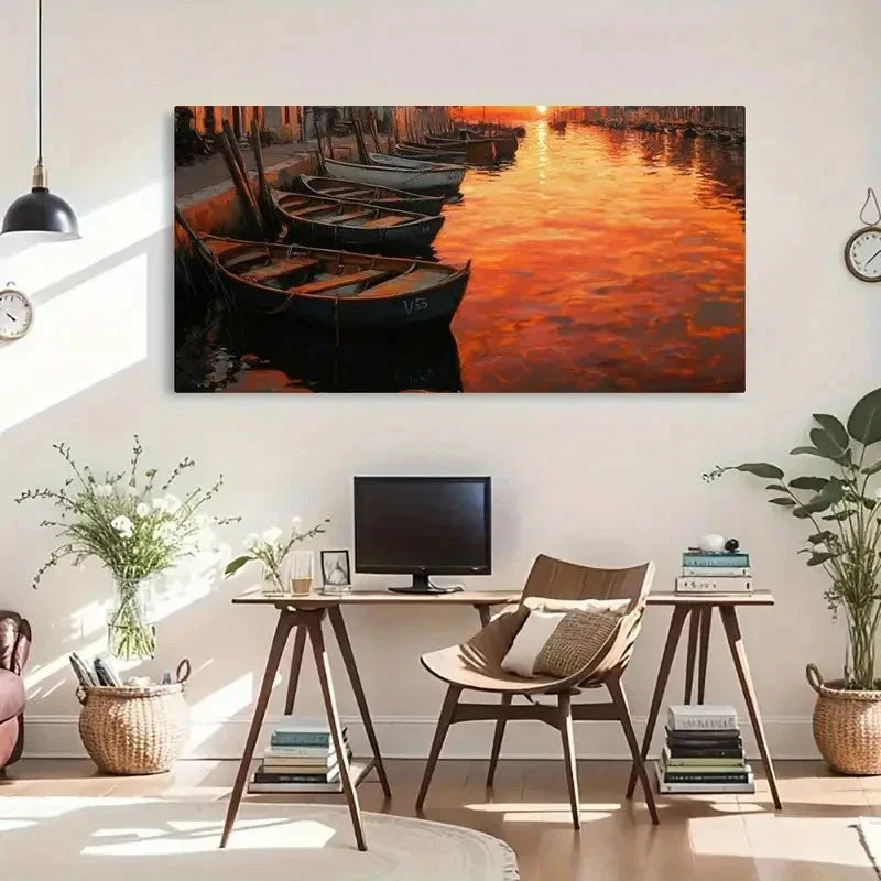 Nature Reflection Sunset Boats Wall Art Canvas Office Home Room Framed 120x60cm