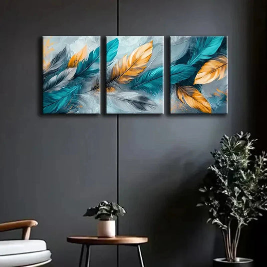 3pcs Turquoise Feather Abstract Blue Perfect Wall Art Set Canvas Framed 40x60cm - High Quality Print 100% Australian Made Wall Canvas Ready to Hang