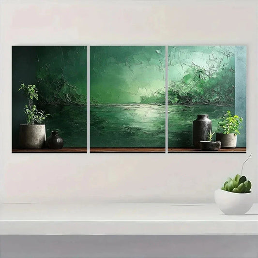 3pcs Green Abstract Oil Painting Metal Print Ready to Hang Art