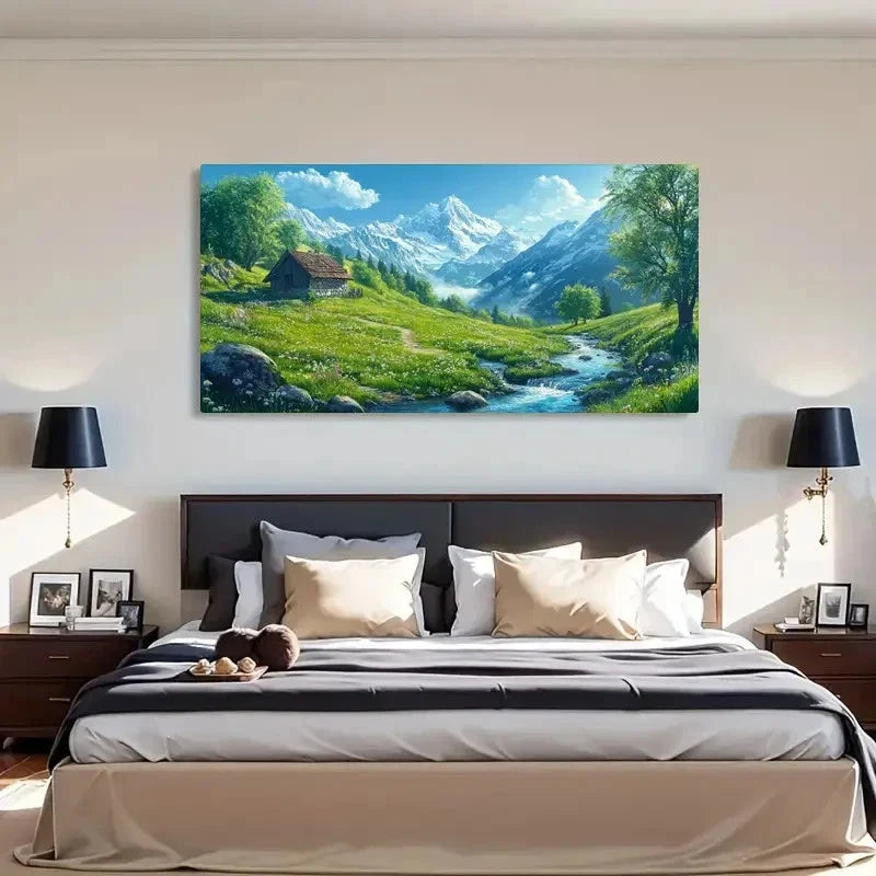 Snow Mountain & Stream Pattern Wall Art Canvas Office Home Room Framed 120x60cm