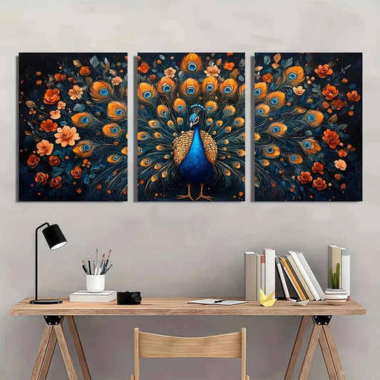 3pcs Vibrant Peacock Blue & Orange Metal Print Ready to Hang Art