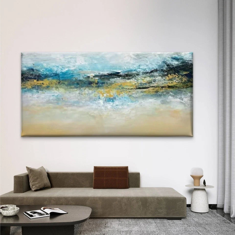 Abstract Blue Golden Beige Wall Art Canvas Office Home Room Framed 80x45cm