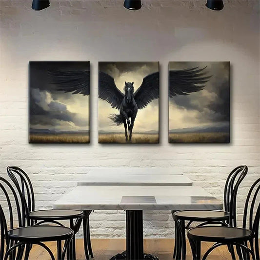 3pcs Majestic Black Pegasus in Flight Perfect Wall Art Set Canvas Framed 40x60cm - High Quality Print 100% Australian Made Wall Canvas Ready to Hang