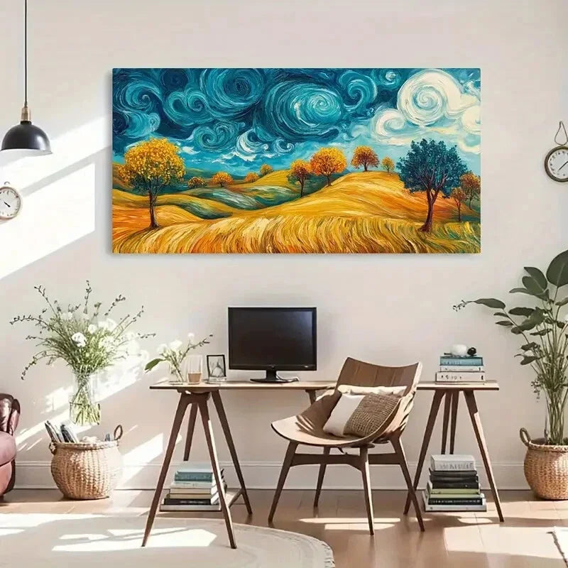 Yellow Field Swirling Sky Wall Art Canvas Office Home Room Framed 120x60cm