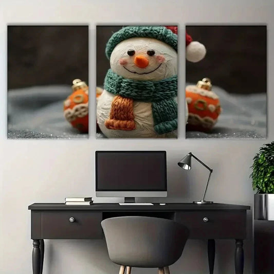 3pcs White Snowman Golden Balls Metal Print Ready to Hang Art