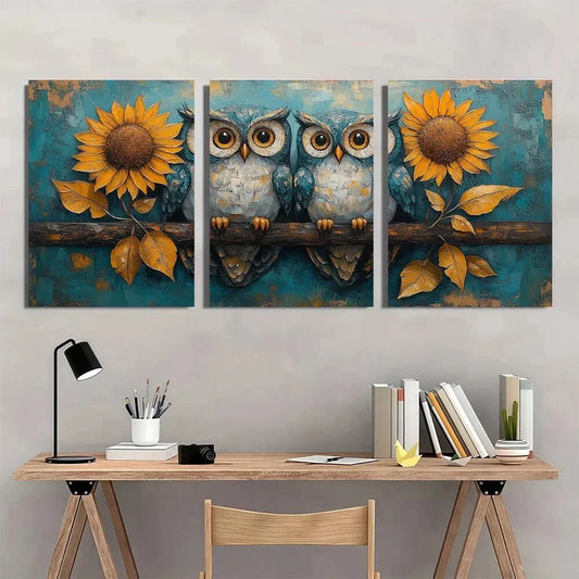 3pcs Owl Family with Sunflower Vibrant Blue Metal Print Ready to Hang Art