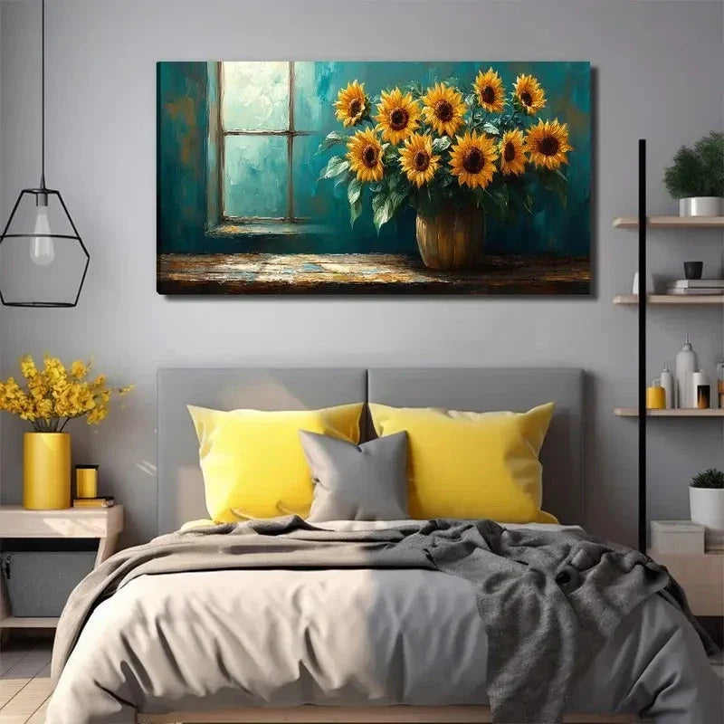 Sunflowers By The Window Wall Art Canvas Office Home Room Framed 80x45cm