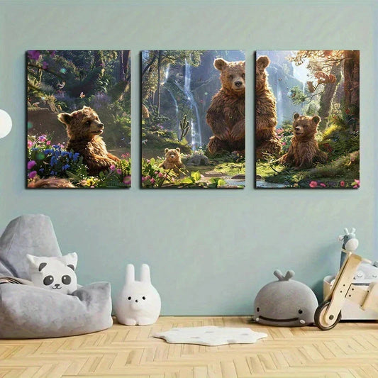 3pcs Creek Bear Nature Forest Metal Print Ready to Hang Art