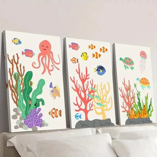 3pcs Colorful Sea Creatures in Ocean Ecosystem Wall Art Set Canvas Framed 40x60cm - High Quality Print 100% Australian Made Wall Canvas Ready to Hang