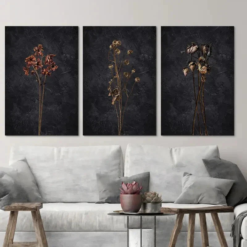 3pcs Dark Dried Wildflower Floral Botanical Wall Art Set Canvas Framed 40x60cm - High Quality Print 100% Australian Made Wall Canvas Ready to Hang