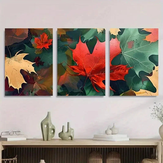 3pcs Autumn Maple Leaf Botanical Abstract Fall Metal Print Ready to Hang Art