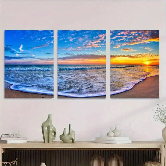3pcs Triptych Ocean View with Dramatic Sky & Wave Metal Print Ready to Hang Art