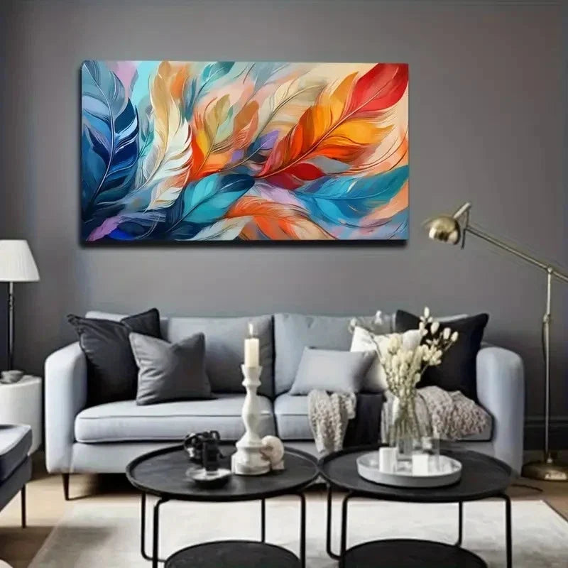 Vibrant Feather Wall Art Canvas Office Home Room Framed 80x45cm