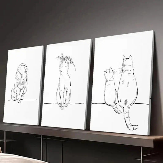 3pcs Black & White Cat Sketch Line Wall Art Set Canvas Framed 40x60cm - High Quality Print 100% Australian Made Wall Canvas Ready to Hang