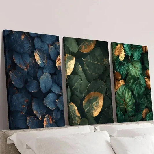 3pcs Jungle & Green Leaves with Golden Accents Wall Art Set Canvas Framed 40x60cm - High Quality Print 100% Australian Made Wall Canvas Ready to Hang
