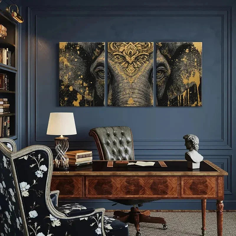3pcs Golden Elephant Art Intricate Design Metal Print Ready to Hang Art