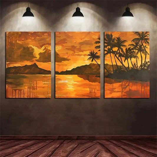 3pcs Set Sunset & Palm Tree Silhouette Vibrant Metal Print Ready to Hang Art