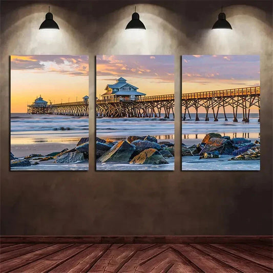 3pcs Set of Long Dock by the Sea Metal Print Ready to Hang Art