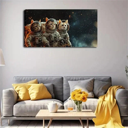 Three Cats Space with Vibrant Wall Art Canvas Office Home Room Framed 120x60cm
