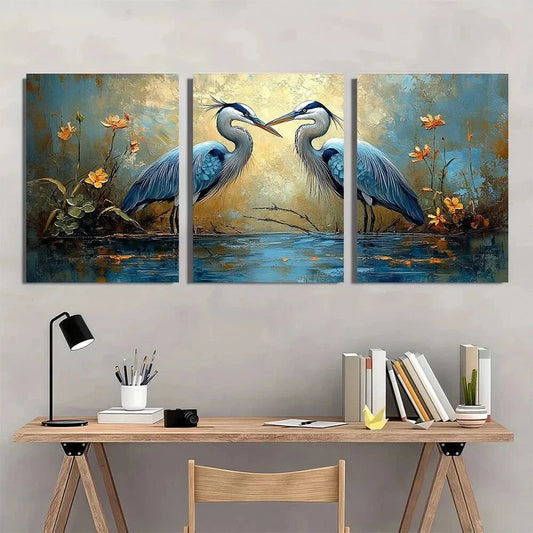 3pcs Herons Texture Crane Flowers Metal Print Ready to Hang Art