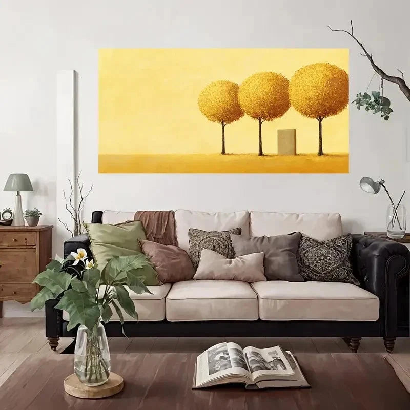 Golden Trees Minimalist Wall Art Canvas Office Home Room Framed 80x45cm