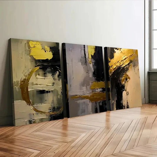 3pcs Golden and Black Abstract Oil Painting Wall Art Set Canvas Framed 40x60cm - High Quality Print 100% Australian Made Wall Canvas Ready to Hang
