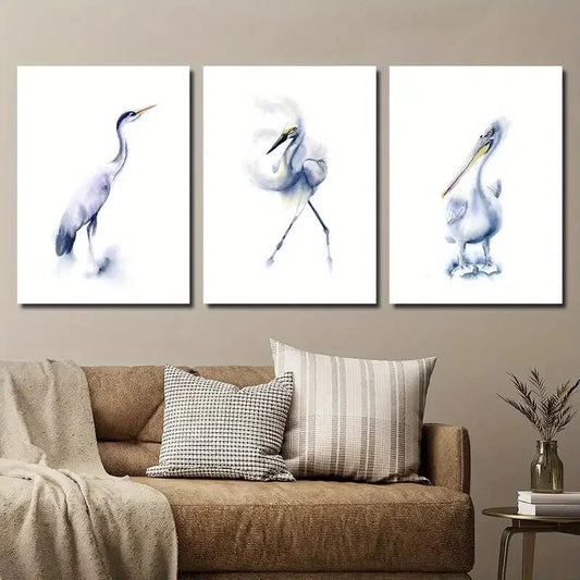 3pcs Snowy Egret Pelican Heron Blue Grey Animal Metal Print Ready to Hang Art