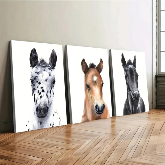 3pcs Chic Horse Modern Animal White Brown Black Wall Art Set Canvas Framed 40x60cm - High Quality Print 100% Australian Made Wall Canvas Ready to Hang