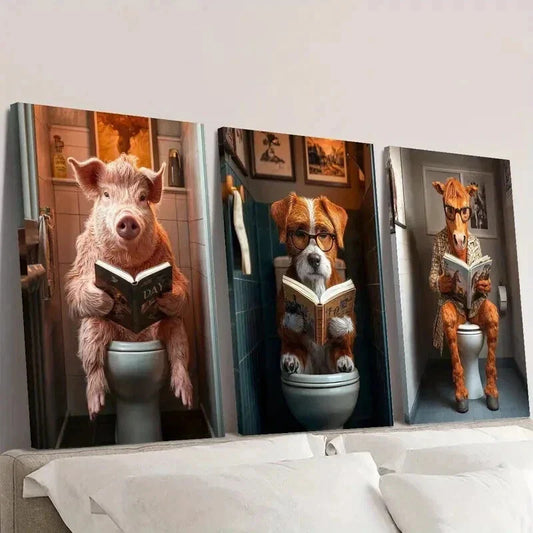 3pcs Funny Pig Dog & Horse in Bathroom Wall Art Set Canvas Framed 40x60cm - High Quality Print 100% Australian Made Wall Canvas Ready to Hang