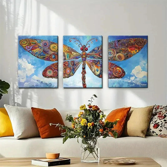 3pcs Vibrant Dragonfly Colorful Abstract Metal Print Ready to Hang Art
