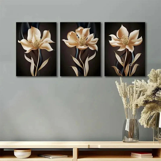 3pcs Elegant Abstract Floral Golden Flower Metal Print Ready to Hang Art